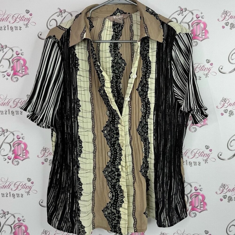 Tan jay button up lace Lacie cream pink white Striped and Lace Button-Up Shirt